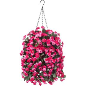 Artificial Flowers in Hanging Basket for Outdoors Indoors Decor, Artificial Mums Bush Flowers Plants with Baskets for Home Porch Garden Yard Patio Spring Summer Decoration(Twin Pink) in Kuwait
