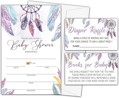 Baby Shower Invitation Kit, Diaper Raffle Games, Books For Baby, Boho Dream Catcher Baby Gender Reveal Fill In Invites Cards, Each Design 25 Cards & 25 Envelopes （A Total of 100 set）- BABYSET-014 in Kuwait