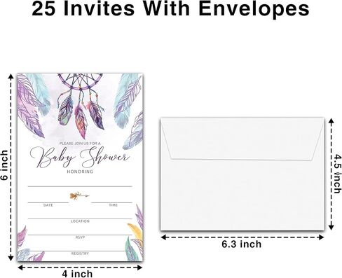 Baby Shower Invitation Kit, Diaper Raffle Games, Books For Baby, Boho Dream Catcher Baby Gender Reveal Fill In Invites Cards, Each Design 25 Cards & 25 Envelopes （A Total of 100 set）- BABYSET-014 in Kuwait