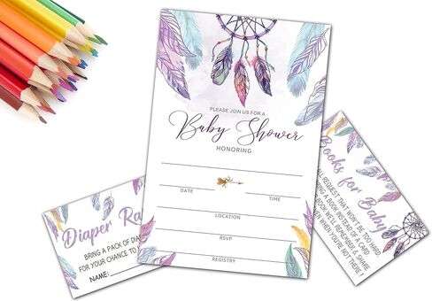 Baby Shower Invitation Kit, Diaper Raffle Games, Books For Baby, Boho Dream Catcher Baby Gender Reveal Fill In Invites Cards, Each Design 25 Cards & 25 Envelopes （A Total of 100 set）- BABYSET-014 in Kuwait