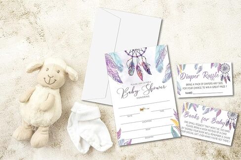 Baby Shower Invitation Kit, Diaper Raffle Games, Books For Baby, Boho Dream Catcher Baby Gender Reveal Fill In Invites Cards, Each Design 25 Cards & 25 Envelopes （A Total of 100 set）- BABYSET-014 in Kuwait