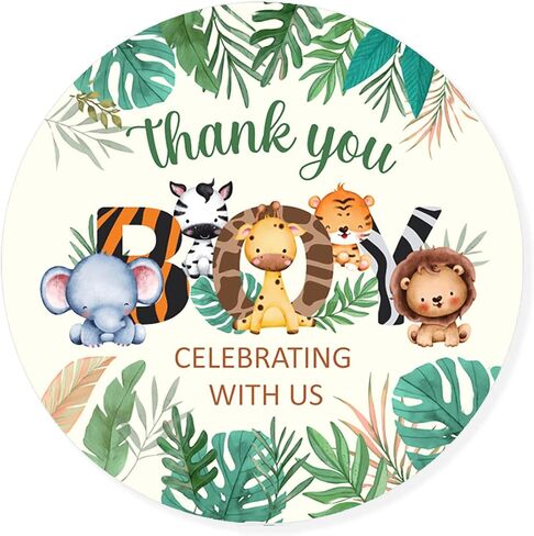 ستيكرات لاصقة بعبارة «Thank you for Celebrating with us» مقاس 2.4 انش لحفلات استقبال المولود الجديد، ملصقات بتصميم غابة سفاري لتزيين حفلات اعياد الميلاد للاولاد (80 قطعة) 3 in Kuwait