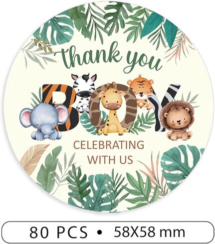 ستيكرات لاصقة بعبارة «Thank you for Celebrating with us» مقاس 2.4 انش لحفلات استقبال المولود الجديد، ملصقات بتصميم غابة سفاري لتزيين حفلات اعياد الميلاد للاولاد (80 قطعة) 3 in Kuwait