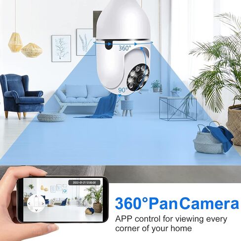 كاميرا Homisogi Light Bulb، كاميرا لاسلكية 360 درجة، دقة عالية 2 ميجابكسل خارجية/داخلية، مع رؤية ليلية ملونة، صوت ثنائي الاتجاه، كشف الحركة، منبه، متوافق مع Alexa، للأطفال/الحيوانات الأليفة/المربية/كبار السن/المنزل in Kuwait