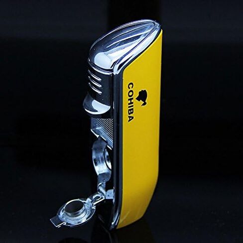 Cigar Lighter, Yellow Triple 3 Jet Flame Refillable Butane Torch Lighter with Punch in Saudi Arabia