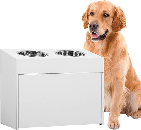 MYOYAY Dog Feeder Station Dog Food Storage Cabinet Pet Food Storage Container with Dog Raised Bowls and Hanger for Feeding & Watering Supplies White in Saudi Arabia