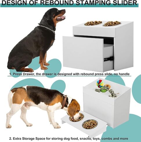 MYOYAY Dog Feeder Station Dog Food Storage Cabinet Pet Food Storage Container with Dog Raised Bowls and Hanger for Feeding & Watering Supplies White in Saudi Arabia
