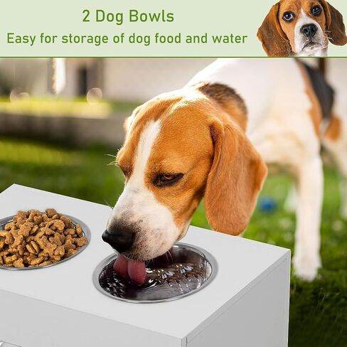 MYOYAY Dog Feeder Station Dog Food Storage Cabinet Pet Food Storage Container with Dog Raised Bowls and Hanger for Feeding & Watering Supplies White in Saudi Arabia