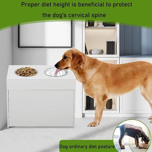 MYOYAY Dog Feeder Station Dog Food Storage Cabinet Pet Food Storage Container with Dog Raised Bowls and Hanger for Feeding & Watering Supplies White in Saudi Arabia