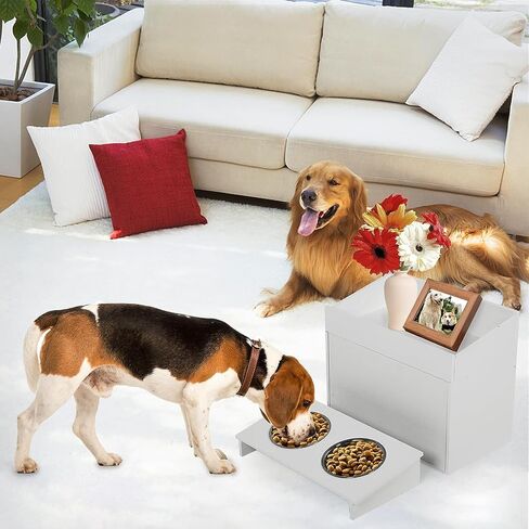 MYOYAY Dog Feeder Station Dog Food Storage Cabinet Pet Food Storage Container with Dog Raised Bowls and Hanger for Feeding & Watering Supplies White in Saudi Arabia