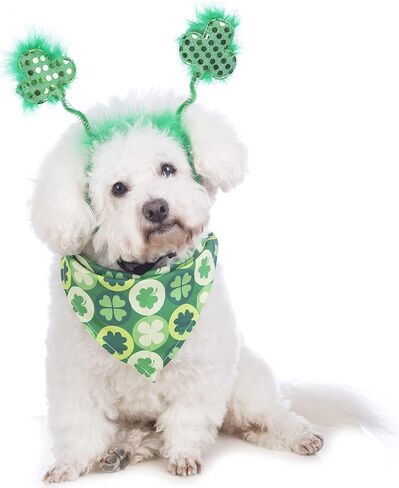 Dog St. Patrick's Day Costume Pet Clover Headband and Puppy St. Patrick's Day Bandanas Cat Classic Plaid Accessories (Green) in Kuwait