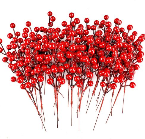 COCOBOO 40pcs Christmas Red Berries Picks Artificial Red Berry Stems for Christmas Tree Decorations Crafts Wedding Holiday Crafts Winter Décor Home Decor in Kuwait