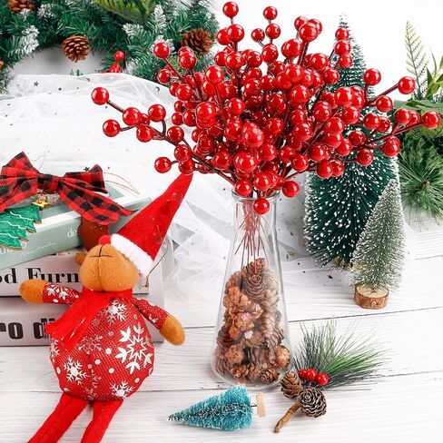 COCOBOO 40pcs Christmas Red Berries Picks Artificial Red Berry Stems for Christmas Tree Decorations Crafts Wedding Holiday Crafts Winter Décor Home Decor in Kuwait