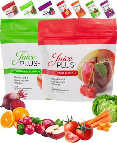 11 نوعًا مختلفًا من الخضروات الخضراء/البرتقالية الممزوجة بالعصير بالإضافة إلى مزيج الخضار، و11 فاكهة حمراء/برتقالية/صفراء مختلفة مُصنَّعة في العصير بالإضافة إلى مزيج الفاكهة، و120 علكة لكل كيس مقابل 60 حصة لكل منها in Kuwait