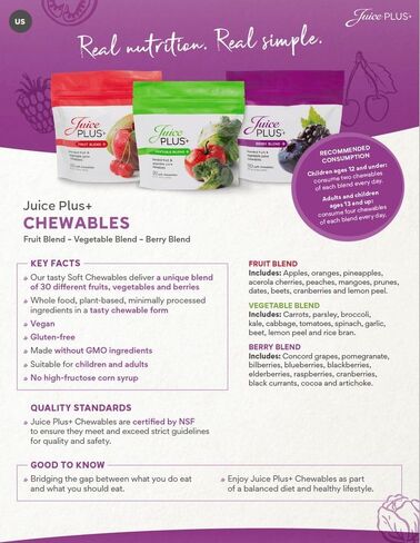 11 نوعًا مختلفًا من الخضروات الخضراء/البرتقالية الممزوجة بالعصير بالإضافة إلى مزيج الخضار، و11 فاكهة حمراء/برتقالية/صفراء مختلفة مُصنَّعة في العصير بالإضافة إلى مزيج الفاكهة، و120 علكة لكل كيس مقابل 60 حصة لكل منها in Kuwait