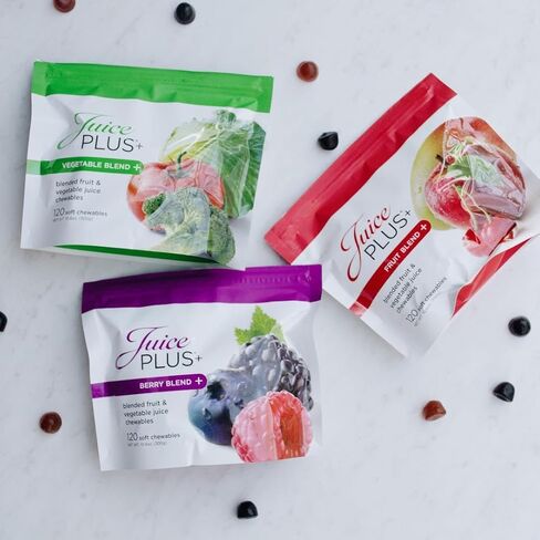 11 نوعًا مختلفًا من الخضروات الخضراء/البرتقالية الممزوجة بالعصير بالإضافة إلى مزيج الخضار، و11 فاكهة حمراء/برتقالية/صفراء مختلفة مُصنَّعة في العصير بالإضافة إلى مزيج الفاكهة، و120 علكة لكل كيس مقابل 60 حصة لكل منها in Kuwait