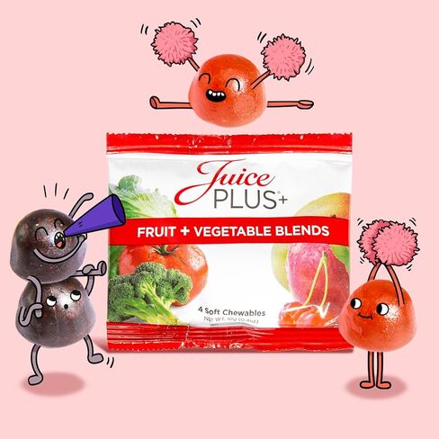 11 نوعًا مختلفًا من الخضروات الخضراء/البرتقالية الممزوجة بالعصير بالإضافة إلى مزيج الخضار، و11 فاكهة حمراء/برتقالية/صفراء مختلفة مُصنَّعة في العصير بالإضافة إلى مزيج الفاكهة، و120 علكة لكل كيس مقابل 60 حصة لكل منها in Kuwait