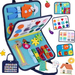 Busy Board Montessori Toys Toddler Gifts for Boys Girls 1 2 3 4 Year Old Educational Travel Sensory Toys Busy Book for Plane Car Preschool Learning Activities Fine Basic Dress Motor Skills (Green)