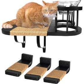 FURRYNOM Premium Cat Hammock Wall Mounter Perch with 2 Cat Food Shelf Bowls | Cat Scratching Post | Cat Wall Shelves and Perches With 3 Steps | Indoor Cat Climbing Shelf | Gift for Cats | Black in Saudi Arabia