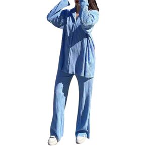 Abendidian النساء 2 قطعة ملابس متأنق عادية كم طويل فضفاض صالح زر أسفل القمصان البلوزات بلايز واسعة الساق السراويل الطويلة مجموعات in Kuwait