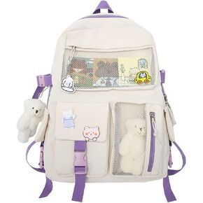 Kawaii Backpack with Kawaii Pin Cute Accessories ?Kawaii Girl Backpack Cute Backpack Cute Aesthetic Backpack for School (Beige,One size)