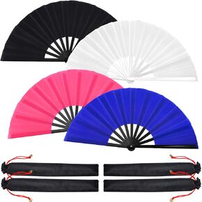 Blulu 4 Pcs Large Chinese Folding Fans for Line Dancing Big Silk Handheld Clapping Popping Fans for Men Women Foldable for Dancing Boots on The Ground(White)