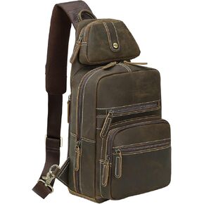 TIDING Men's Genuine Leather Sling Bag Vintage 11 Inch Tablet Crossbody Chest Daypack with Detachable Pocket, Dark Brown in Kuwait