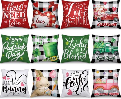 Preboun Set of 12 Valentine's Day St. Patrick's Day Easter Pillow Covers 18 x 18 Inch Love Heart Clovers Bunny Eggs Cushion Case Home Buffalo Plaid Pillow Case for Holiday Happy Home Decor (Lovely) in Saudi Arabia