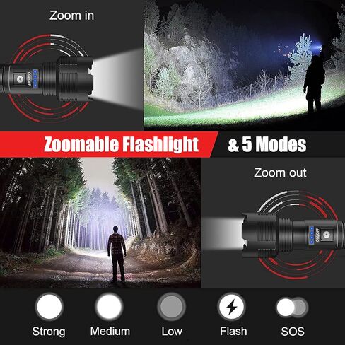 Rechargeable Flashlights High Lumens, Super Bright LED Flashlight 8000 Lumens, Zoomable IPX4 Waterproof Flash Light, Handheld Tactical Flashlight for Camping Emergencies in Kuwait