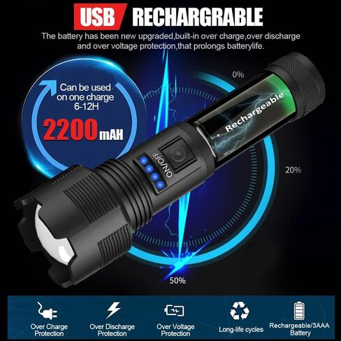 Rechargeable Flashlights High Lumens, Super Bright LED Flashlight 8000 Lumens, Zoomable IPX4 Waterproof Flash Light, Handheld Tactical Flashlight for Camping Emergencies in Kuwait