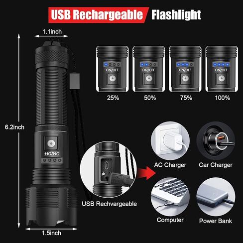 Rechargeable Flashlights High Lumens, Super Bright LED Flashlight 8000 Lumens, Zoomable IPX4 Waterproof Flash Light, Handheld Tactical Flashlight for Camping Emergencies in Kuwait