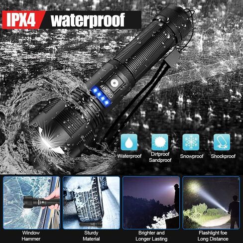 Rechargeable Flashlights High Lumens, Super Bright LED Flashlight 8000 Lumens, Zoomable IPX4 Waterproof Flash Light, Handheld Tactical Flashlight for Camping Emergencies in Kuwait