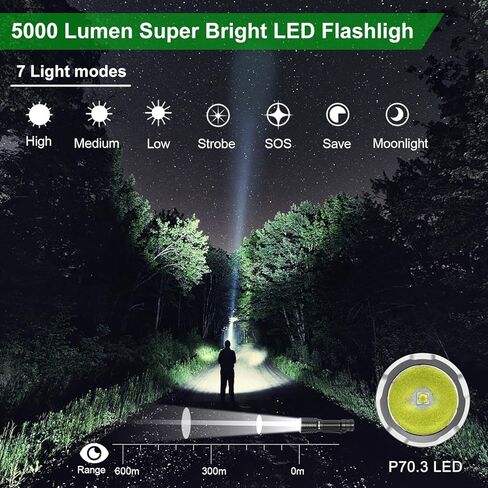 APLOS T03 Professional Tactical Flashlight, 5000 Lumen Tactical flashlights, high lumens Rechargeable flashlights with Clip, 500 Meters Long Range and 5000mAh high Capacity Battery in Kuwait