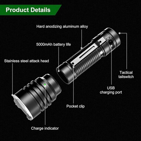 APLOS T03 Professional Tactical Flashlight, 5000 Lumen Tactical flashlights, high lumens Rechargeable flashlights with Clip, 500 Meters Long Range and 5000mAh high Capacity Battery in Kuwait