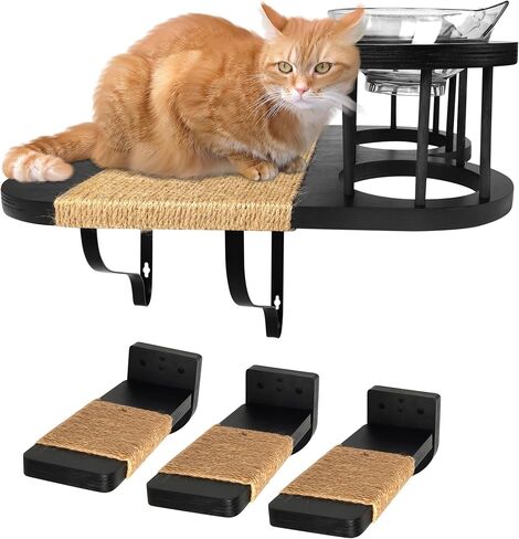 FURRYNOM Premium Cat Hammock Wall Mounter Perch with 2 Cat Food Shelf Bowls | Cat Scratching Post | Cat Wall Shelves and Perches With 3 Steps | Indoor Cat Climbing Shelf | Gift for Cats | Black in Saudi Arabia