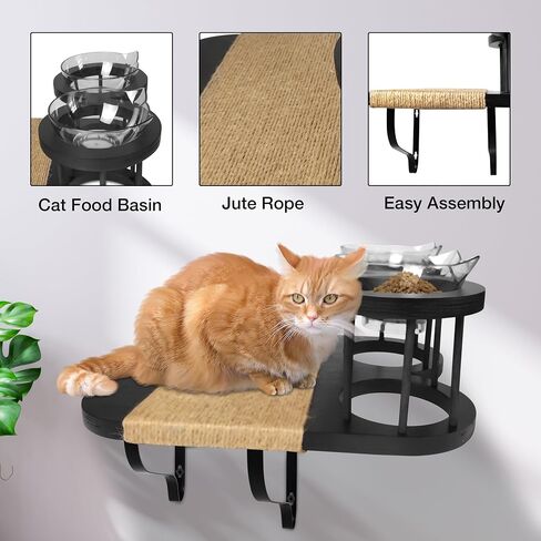 FURRYNOM Premium Cat Hammock Wall Mounter Perch with 2 Cat Food Shelf Bowls | Cat Scratching Post | Cat Wall Shelves and Perches With 3 Steps | Indoor Cat Climbing Shelf | Gift for Cats | Black in Saudi Arabia