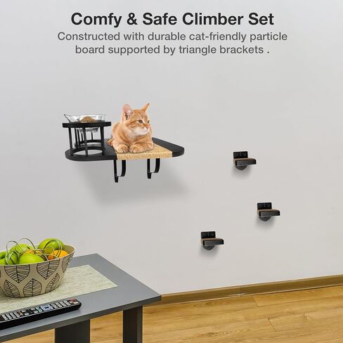 FURRYNOM Premium Cat Hammock Wall Mounter Perch with 2 Cat Food Shelf Bowls | Cat Scratching Post | Cat Wall Shelves and Perches With 3 Steps | Indoor Cat Climbing Shelf | Gift for Cats | Black in Saudi Arabia