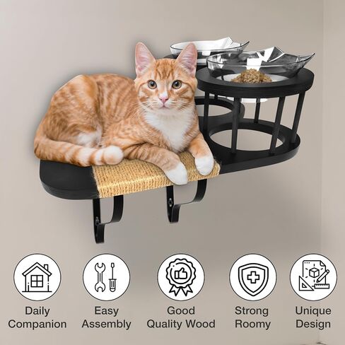 FURRYNOM Premium Cat Hammock Wall Mounter Perch with 2 Cat Food Shelf Bowls | Cat Scratching Post | Cat Wall Shelves and Perches With 3 Steps | Indoor Cat Climbing Shelf | Gift for Cats | Black in Saudi Arabia