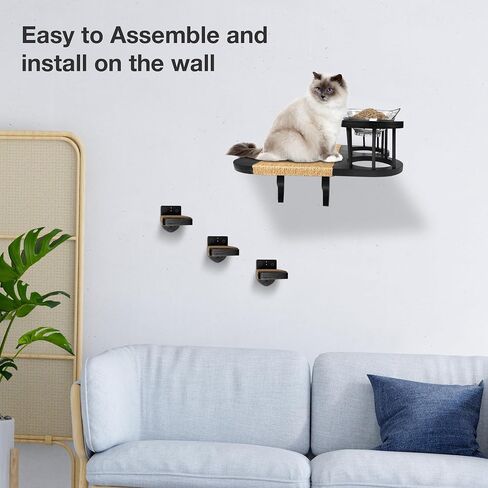 FURRYNOM Premium Cat Hammock Wall Mounter Perch with 2 Cat Food Shelf Bowls | Cat Scratching Post | Cat Wall Shelves and Perches With 3 Steps | Indoor Cat Climbing Shelf | Gift for Cats | Black in Saudi Arabia