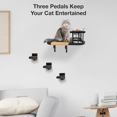 FURRYNOM Premium Cat Hammock Wall Mounter Perch with 2 Cat Food Shelf Bowls | Cat Scratching Post | Cat Wall Shelves and Perches With 3 Steps | Indoor Cat Climbing Shelf | Gift for Cats | Black in Saudi Arabia