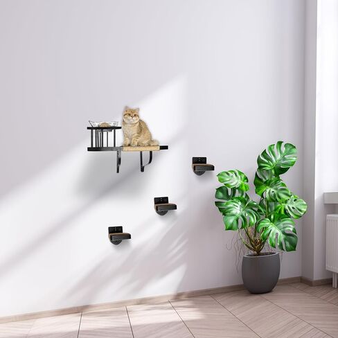 FURRYNOM Premium Cat Hammock Wall Mounter Perch with 2 Cat Food Shelf Bowls | Cat Scratching Post | Cat Wall Shelves and Perches With 3 Steps | Indoor Cat Climbing Shelf | Gift for Cats | Black in Saudi Arabia