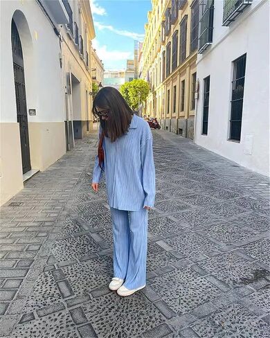 Abendidian النساء 2 قطعة ملابس متأنق عادية كم طويل فضفاض صالح زر أسفل القمصان البلوزات بلايز واسعة الساق السراويل الطويلة مجموعات in Kuwait