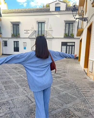 Abendidian النساء 2 قطعة ملابس متأنق عادية كم طويل فضفاض صالح زر أسفل القمصان البلوزات بلايز واسعة الساق السراويل الطويلة مجموعات in Kuwait