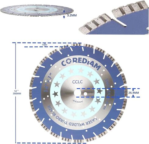 شفرة ماسية مقاس 14 بوصة من COREDIAM، شفرة سريعة ملحومة بالليزر مع ارتفاع قطعة 10 مم لقطع الخرسانة الخضراء والخرسانة الإسفلتية والمواد الكاشطة الأخرى، قطع رطب/جاف، 1 بوصة in Kuwait
