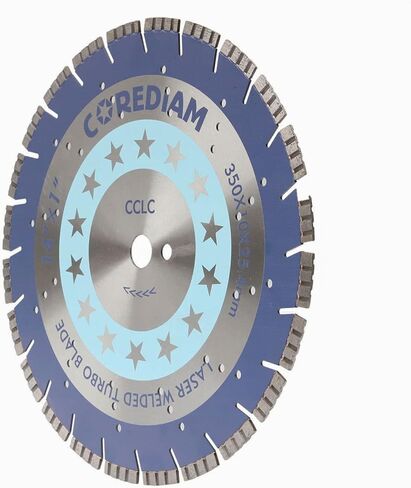 شفرة ماسية مقاس 14 بوصة من COREDIAM، شفرة سريعة ملحومة بالليزر مع ارتفاع قطعة 10 مم لقطع الخرسانة الخضراء والخرسانة الإسفلتية والمواد الكاشطة الأخرى، قطع رطب/جاف، 1 بوصة in Kuwait