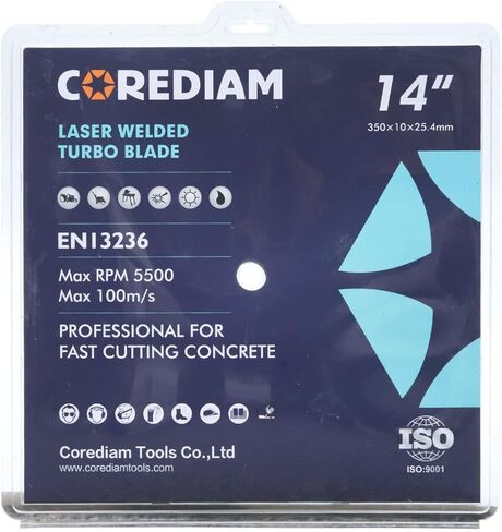 شفرة ماسية مقاس 14 بوصة من COREDIAM، شفرة سريعة ملحومة بالليزر مع ارتفاع قطعة 10 مم لقطع الخرسانة الخضراء والخرسانة الإسفلتية والمواد الكاشطة الأخرى، قطع رطب/جاف، 1 بوصة in Kuwait