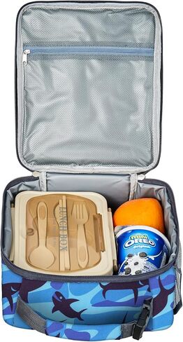 حقيبة غداء للصبي الصغير، صندوق غداء قابل لإعادة الاستخدام للأطفال، حقيبة غداء معزولة بطباعة سمك القرش مع إبزيم، حقيبة غداء صغيرة خفيفة الوزن، حقيبة غداء كرتونية لمحبي المحيط، مبرد صغير للعودة إلى المدرسة in Kuwait