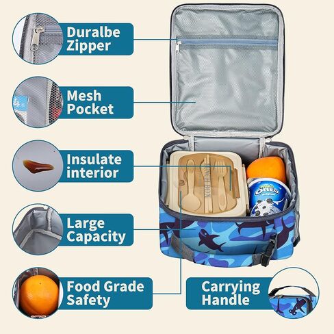 حقيبة غداء للصبي الصغير، صندوق غداء قابل لإعادة الاستخدام للأطفال، حقيبة غداء معزولة بطباعة سمك القرش مع إبزيم، حقيبة غداء صغيرة خفيفة الوزن، حقيبة غداء كرتونية لمحبي المحيط، مبرد صغير للعودة إلى المدرسة in Kuwait