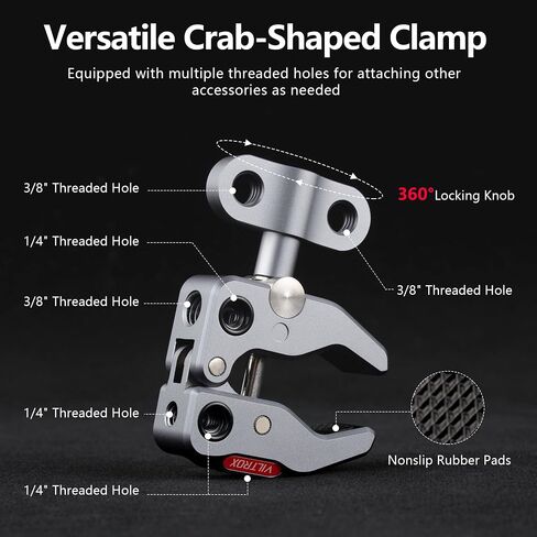VILTROX Super Clamp ES-V02 دعامة مشبك سرطان البحر مع فتحات ملولبة 1/4 بوصة 3/8 بوصة، حامل مشبك على شكل سرطان البحر لكاميرا العمل، والهاتف، وأضواء LED، وشاشة الكاميرا، والميكروفون، ومستقبلات الفلاش اللاسلكية، والمشغلات in Saudi Arabia