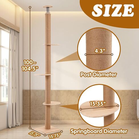 Littleglovo Adjustable Height Floor to Ceiling Cat Tree, 15.57 in Square Base, 3-Level Platform, Sisal Coated Posts, 11cm Diameter, 15.35 in Springboard, Easy Assembly in Saudi Arabia